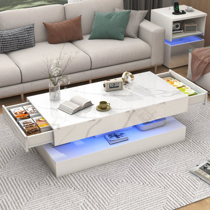 Coffee Table with LED lights, Double-Layer Design for Living Room with 2 Storage Drawers