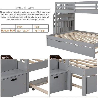 Stairway Twin Over Twin/Full Bunk Bed with Twin Size Trundle and Drawers, Solid Wood Bunk Bed, Staircase