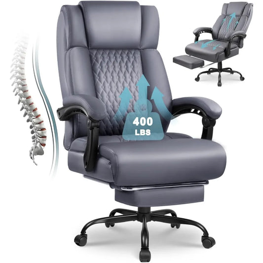Big and Tall Office Chair with Foot Rest 400lbs, Heavy Duty Executive Leather Office Chair for Heavy People, Comfy High Back