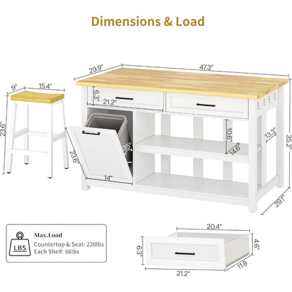 Stationary Kitchen Island with 2 Bar Stools & Power Outlet, 47" Solid Rubberwood Top Farmhouse Coffee Bar with Trash Can Cabinet