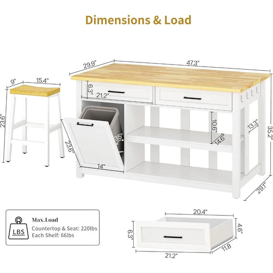 Stationary Kitchen Island with 2 Bar Stools & Power Outlet, 47" Solid Rubberwood Top Farmhouse Coffee Bar with Trash Can Cabinet