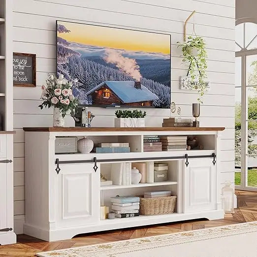 Farmhouse TV Stand, Entertainment Center with Storage Cabinets and Sliding Barn Door, Media Console