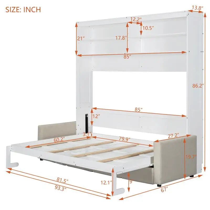 Queen Size Murphy Bed with Sofa, White Wall Bed