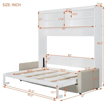 Queen Size Murphy Bed with Sofa, White Wall Bed