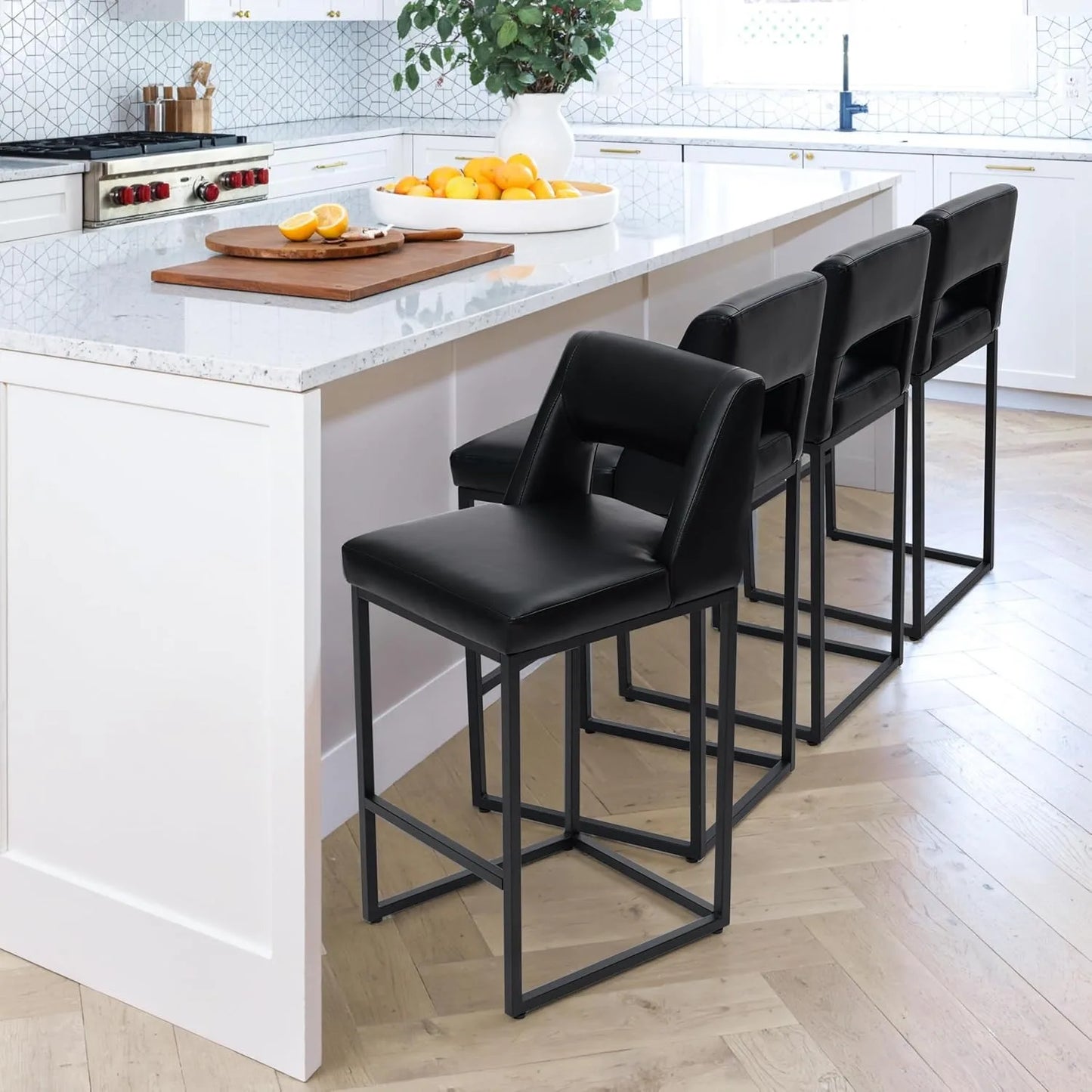 Black Upholstered Counter-Height Bar Stools, Set of 4 – Modern Kitchen Island Chairs with Backs