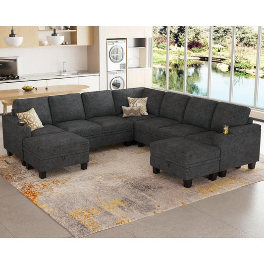 Sectional Sofa Couch with Storage, U Shape Convertible Corner Couches for Living Room Dark Grey Couch