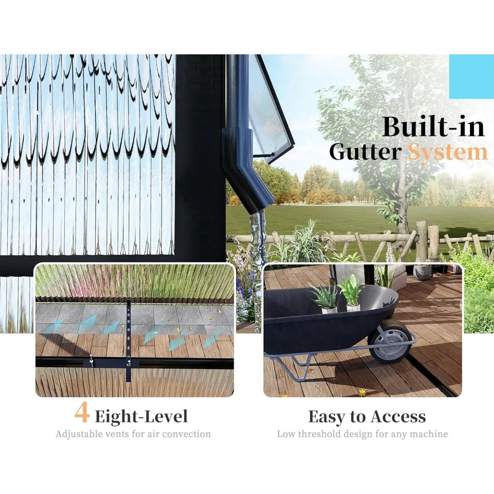 16x12x9.5 FT Polycarbonate Greenhouse for Outdoors, Pavilion Style Greenhouse with 4 Vent Windows, Lockable Double Doors, Ideal