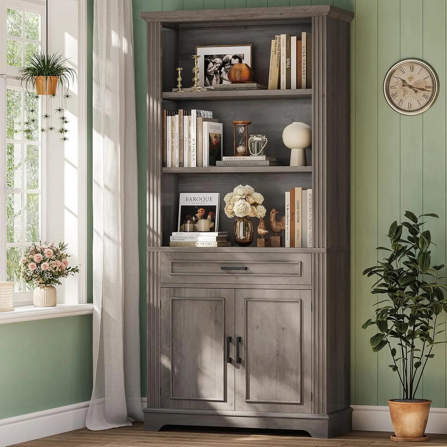 Farmhouse Bookshelves and Bookcases with Doors and Drawer, Bookshelf with Storage
