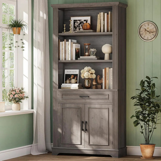 Farmhouse Bookshelves and Bookcases with Doors and Drawer, Bookshelf with Storage