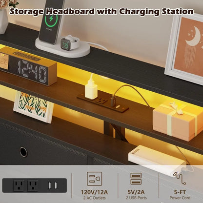 Bed Frames with Charging Station and LED Lights, Wood Headboard with 2 Fabric Drawers and Storage Shelves,,