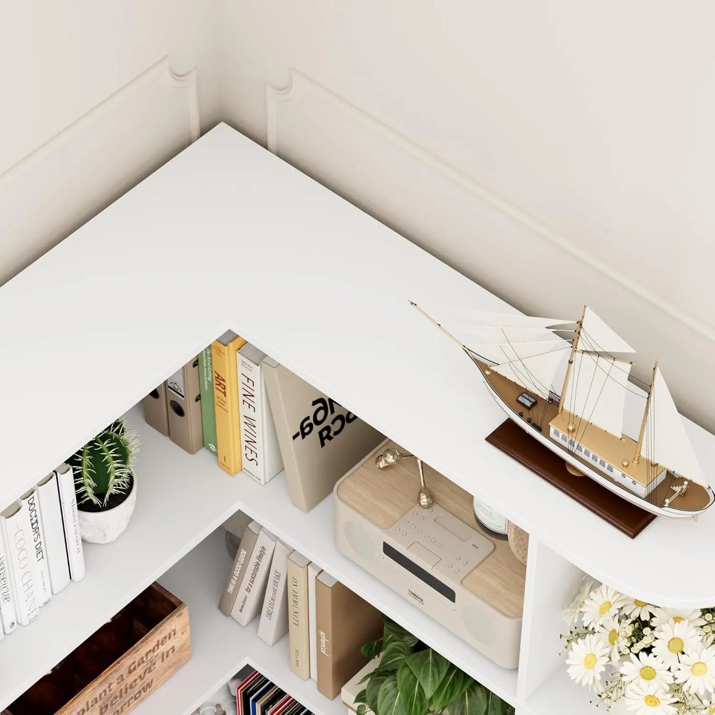 74” Tall Corner Bookshelf, 6-Tier with Open Storage, L Shaped Tall Bookcases Wooden Storage, Customized