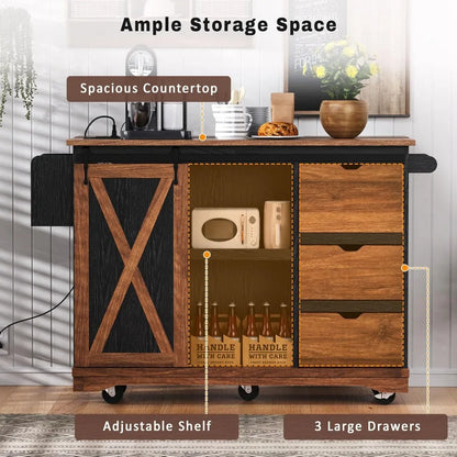 "Rolling Kitchen Island with Drop Leaf, 55.5" Cart featuring Barn Door and Power Outlet"