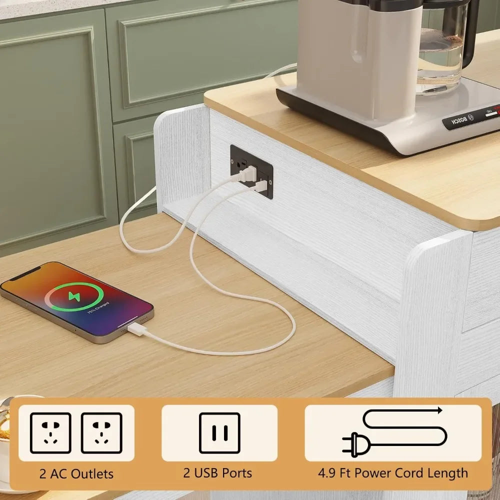 Marble Grain Top Rolling Kitchen Island Cart - Extendable Dining Table & Power Outlet for Organization