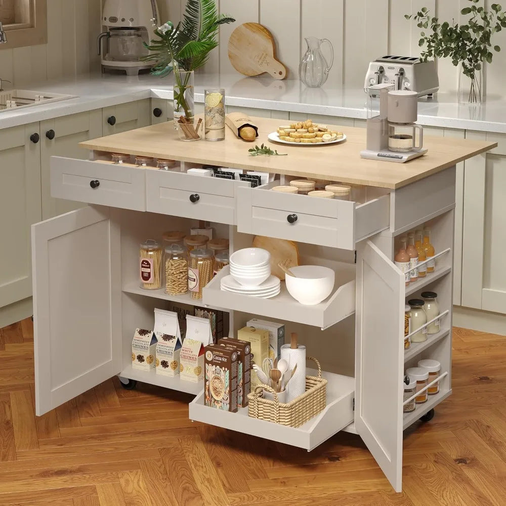 Kitchen Island Cart with 47.2" Wood Top, with Storage Cabinet & Drop Leaf, Rolling Kitchen Table