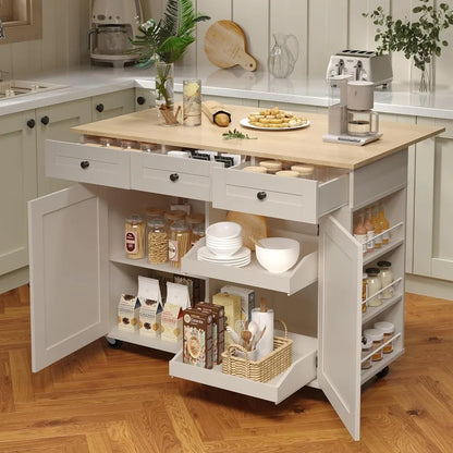 Kitchen Island Cart with 47.2" Wood Top, with Storage Cabinet & Drop Leaf, Rolling Kitchen Table
