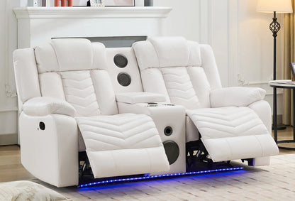 Manual Recliner Loveseat with Bass Speaker, Faux Leather Reclining Love Seat with LED Lights, USB Charger, Cup Holder
