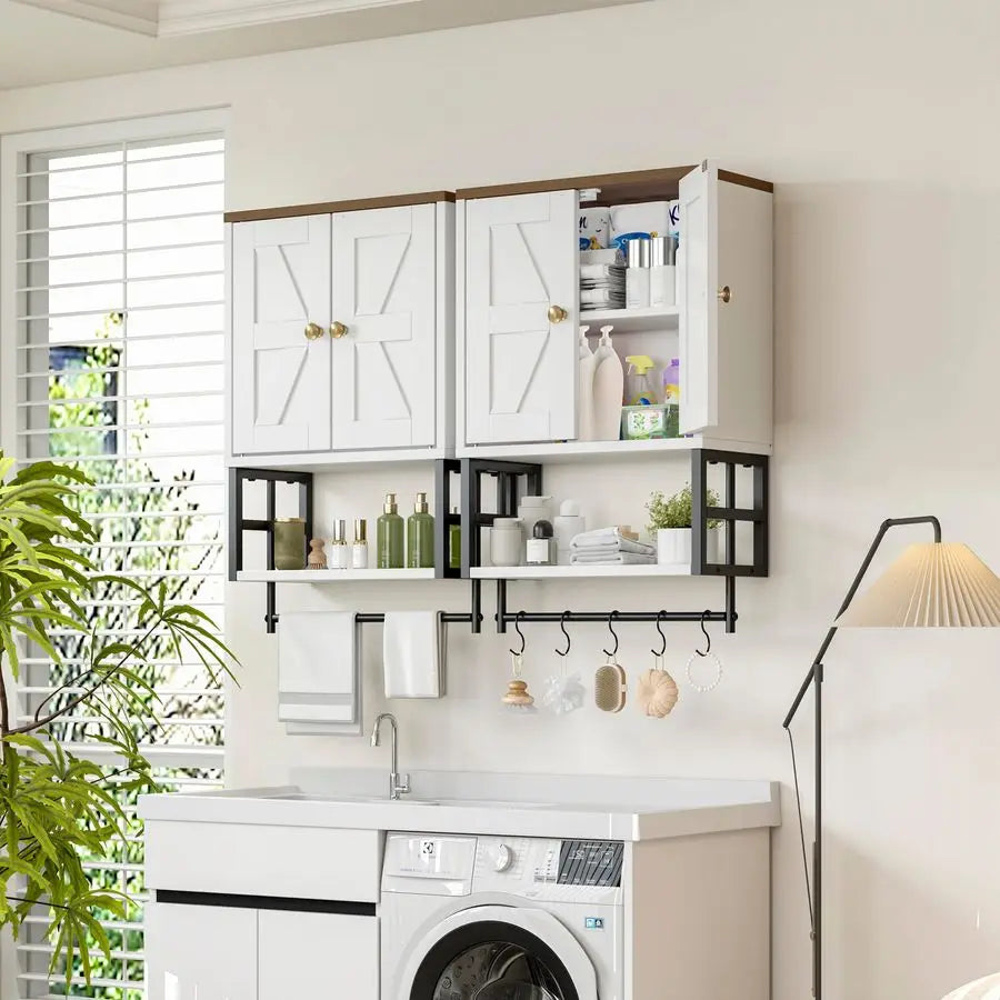 Farmhouse, Medicine Cabinet,  Wall Mounted Storage Organizer with Adjustable Shelves, Towel Bar, 5 Hooks for Small Bathroom,