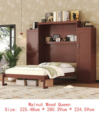 Full Size Murphy Bed with 2 Wardrobes & Storage Shelves, Multifunctional Foldable Platform Bed Frame for Guest Room & Bedroom,