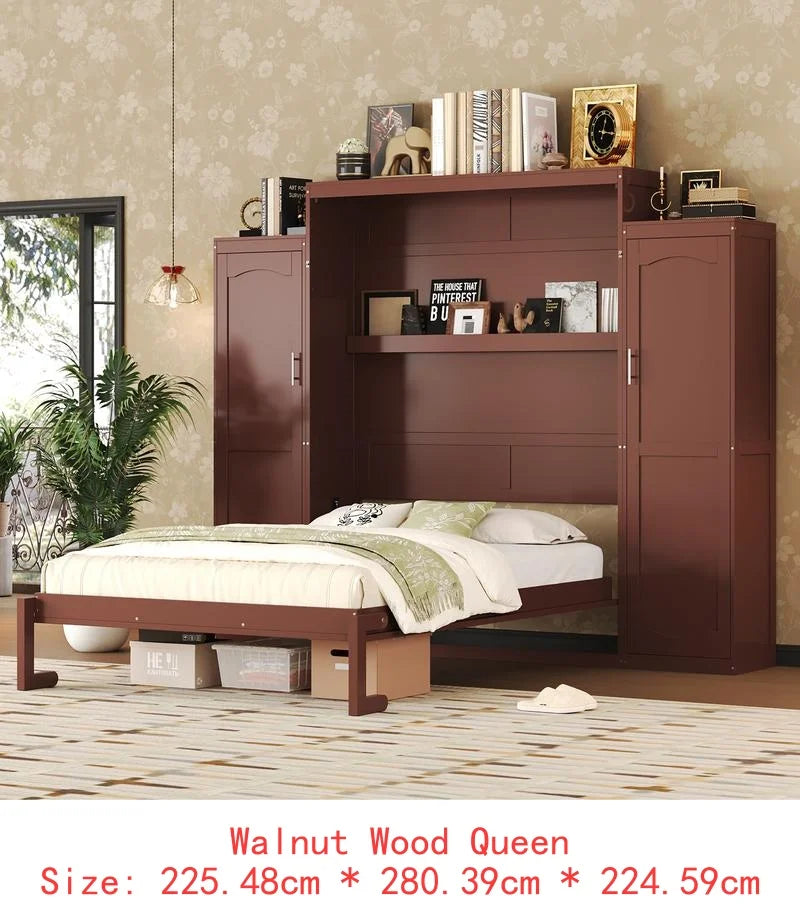 Full Size Murphy Bed with 2 Wardrobes & Storage Shelves, Multifunctional Foldable Platform Bed Frame