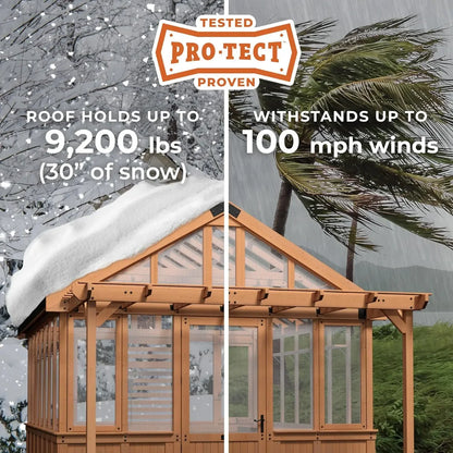 XL 13' x 11' Cedar Wood and Polycarbonate Walk-in Greenhouse Kit with Pergola, Exhaust Fan, Windows, Hose Hook-Ups, Portable