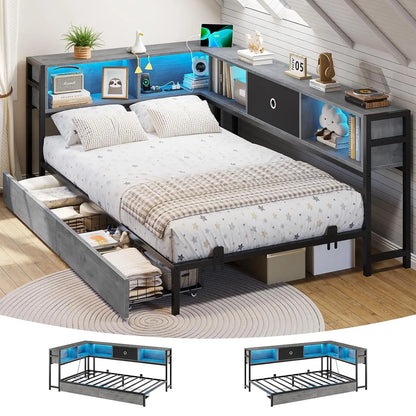 Twin Corner Bed Frame with Bookcase Storage and Led Lights Twin Size Metal Platform Bed Frames with Storage Drawers