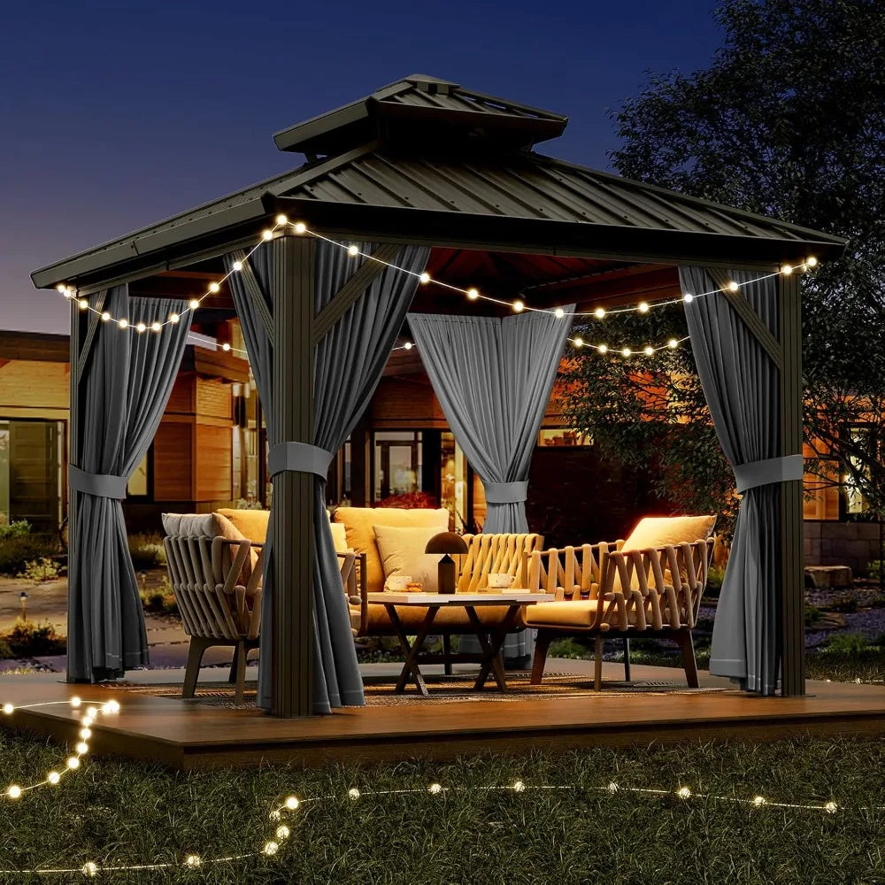 10x10ft Outdoor Gazebo with Aluminum Frame, Double Roof, Curtain & Netting for Patio Garden