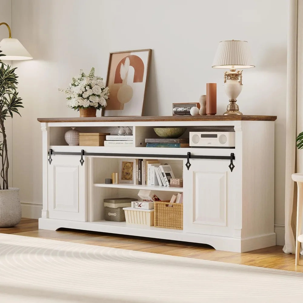 Farmhouse TV Stand, Entertainment Center with Storage Cabinets and Sliding Barn Door, Media Console