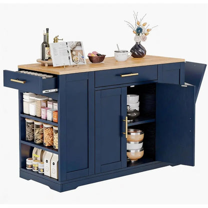 53 inch Large Rolling Kitchen Island with Trash Can Storage Cabinet, Portable Mobile Islands Table  Movable w Wheels