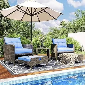 5 Pieces , Rattan Balcony Furniture with Ottomans, PE Wicker Outdoor Patio Chairs Set with Coffee Table