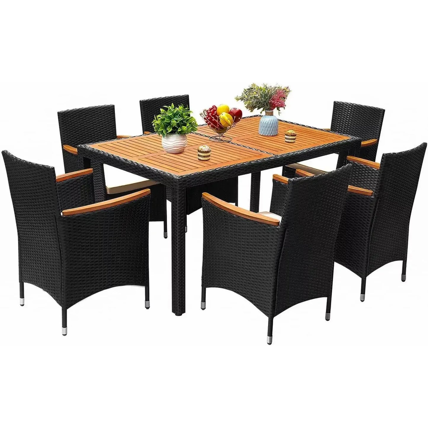 7 Piece Patio Dining Set Outdoor Acacia Wood Table and Chairs with Soft Cushions
