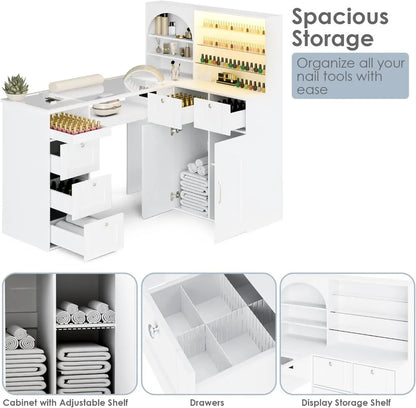 Professional LED Nail Table with USB Ports, Glass Top, Storage Cabinet & Drawers for Salon Manicure Workstation