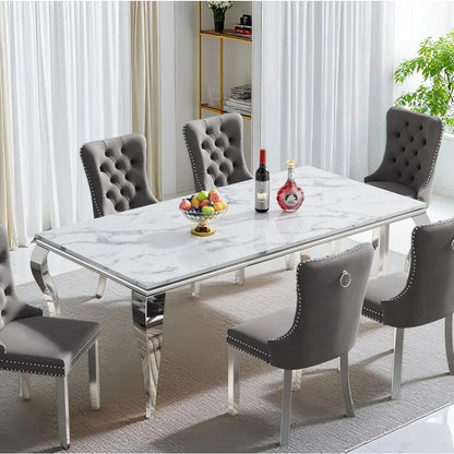 70'' Faux Marble Dining Table with Stainless Steel Legs, Silver and White Dining Room Table for 4-8,