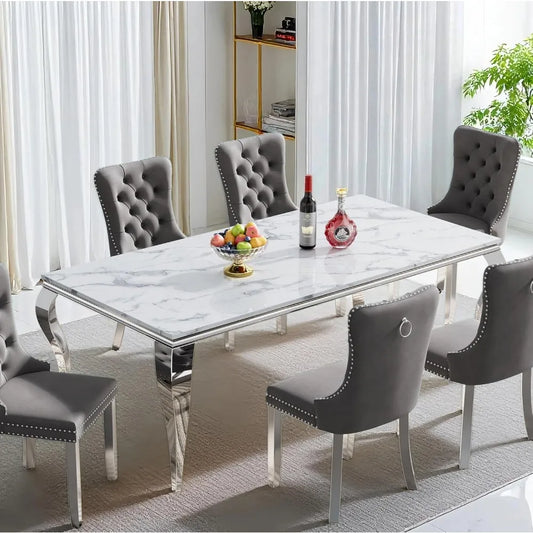 70'' Faux Marble Dining Table with Stainless Steel Legs, Silver and White Dining Room Table for 4-8,