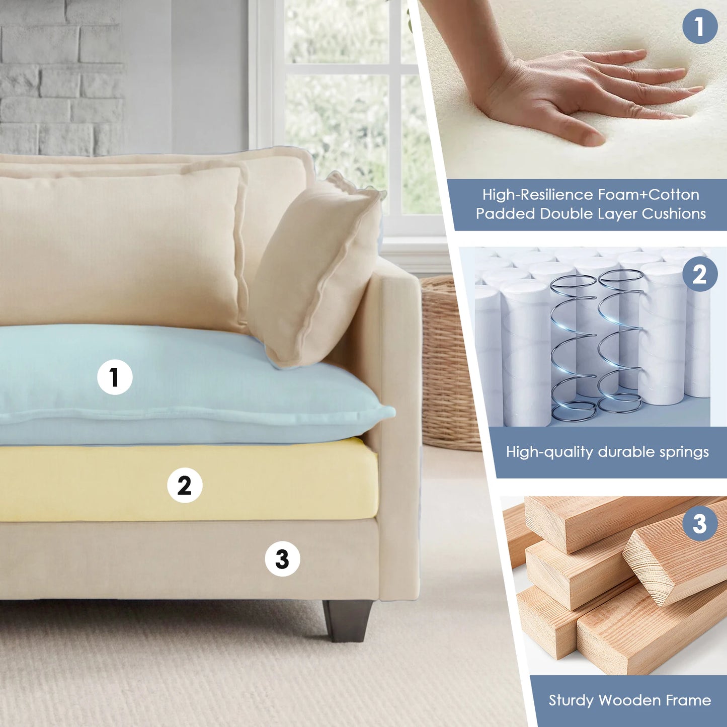 113.4" Modular Sectional Sofa with Ottoman,  Couch with Deep Seat (23.6" D), Solid Wood Frame