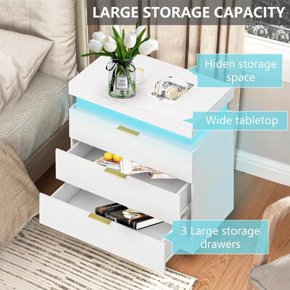 30.5''H Tall White Nightstand with LED Light, Large Night Stand with 3 Drawer & Sliding Top Bedside Table