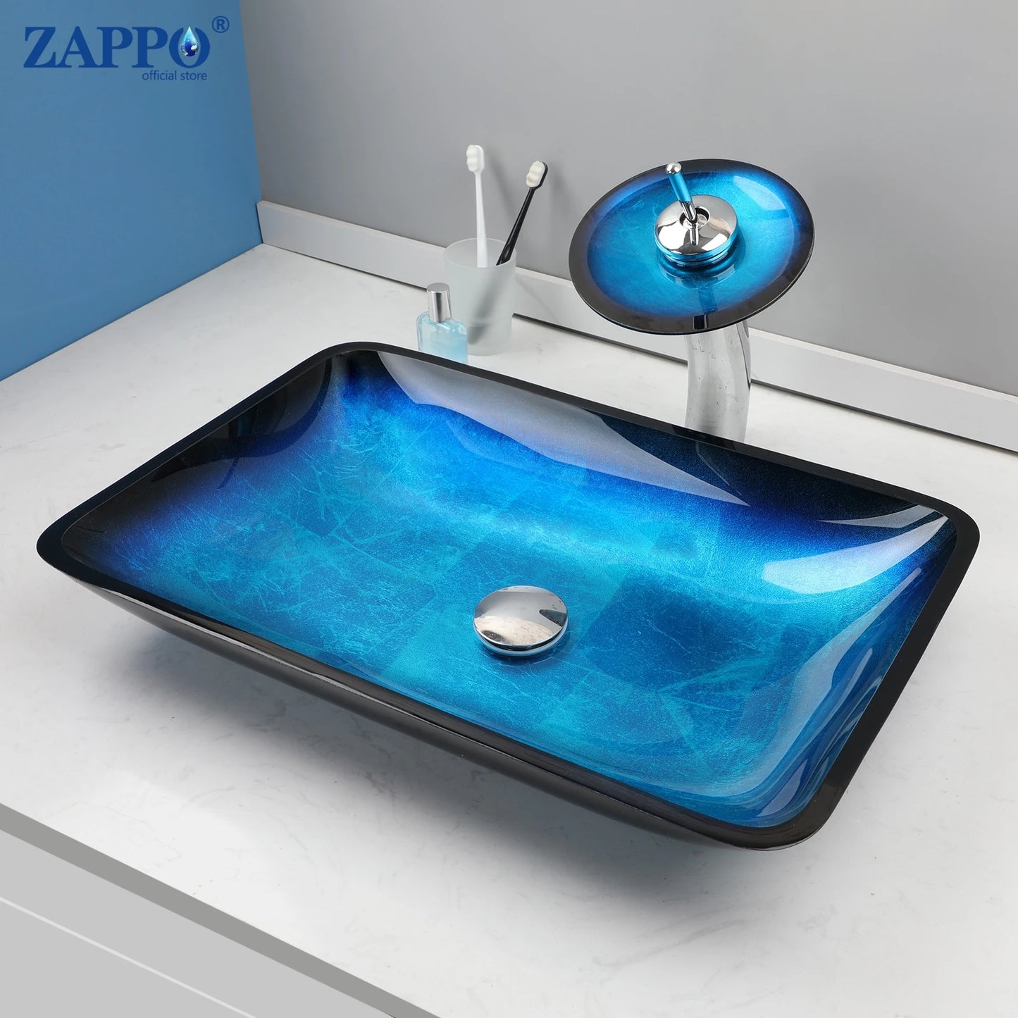Tempered Above Counter Basin Glass Sink with Waterfall Faucet Tap