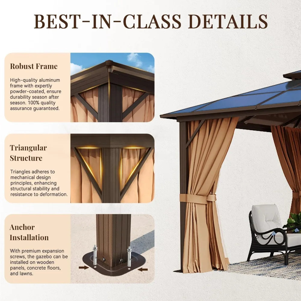10x12ft Hardtop Gazebo with Double Roof, Aluminum Frame, Netting & Curtains - Outdoor Pavilion for Patio Garden