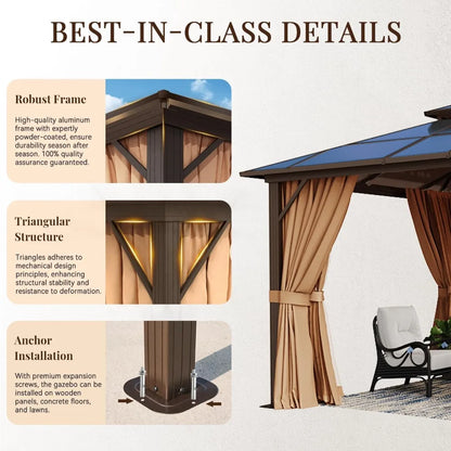 10x12ft Hardtop Gazebo with Double Roof, Aluminum Frame, Netting & Curtains - Outdoor Pavilion for Patio Garden