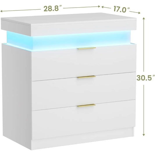 30.5''H Tall White Nightstand with LED Light, Large Night Stand with 3 Drawer & Sliding Top Bedside Table