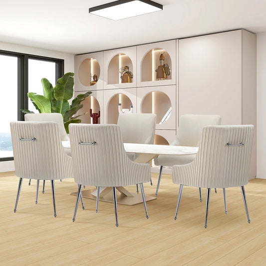 Modern Velvet Pleated Finish Back Dining Chair Set of 6 with Rear Handle