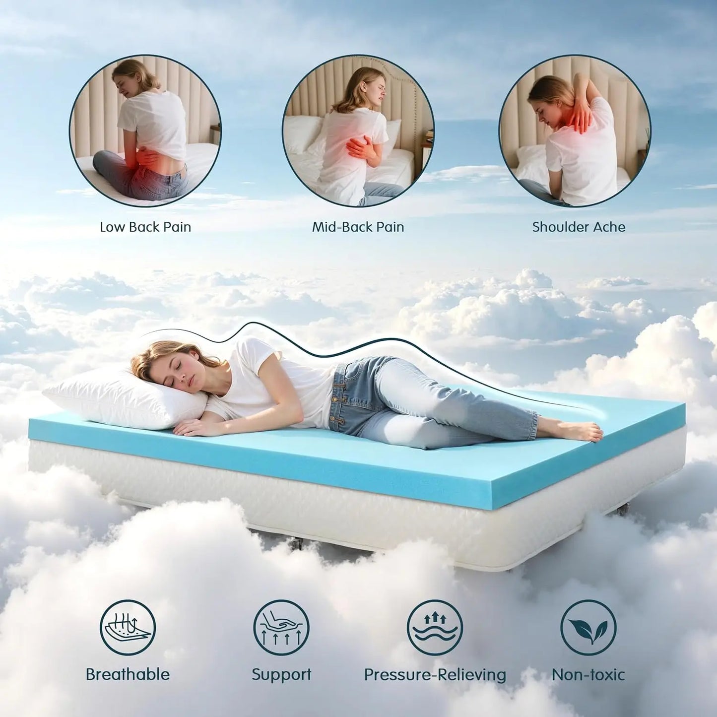 Gel Infused Memory Foam Mattress Topper, 4 Inch Soft Bed Pad for Mattress, Sofa, Blue