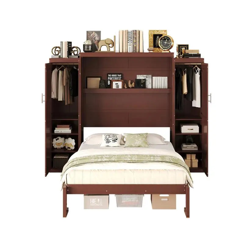 Full Size Murphy Bed with 2 Wardrobes & Storage Shelves, Multifunctional Foldable Platform Bed Frame for Guest Room & Bedroom,