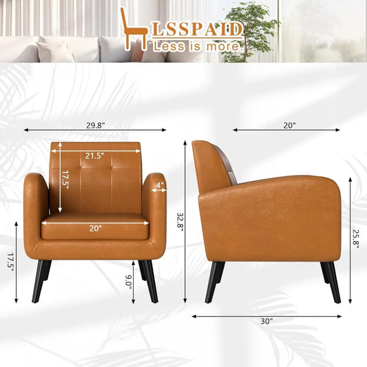 Accent Chairs Set of 2, Brown PU Leather Living Room Chairs, Upholstered Armchairs Single Sofa Chair