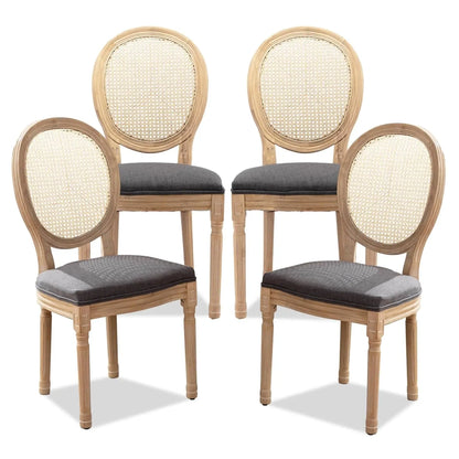 French Dining Chairs Set of 4, Dining Chair with Round Back, Wood Leg Farmhouse Country Rattan Dining Chair for Kitchen,