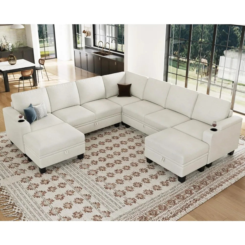 Sectional Sofa Couch with Storage U Shape Convertible Corner Couches, White