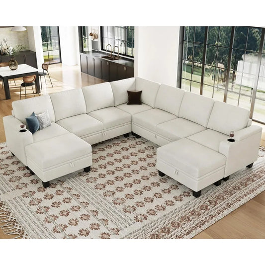Sectional Sofa Couch with Storage U Shape Convertible Corner Couches, White