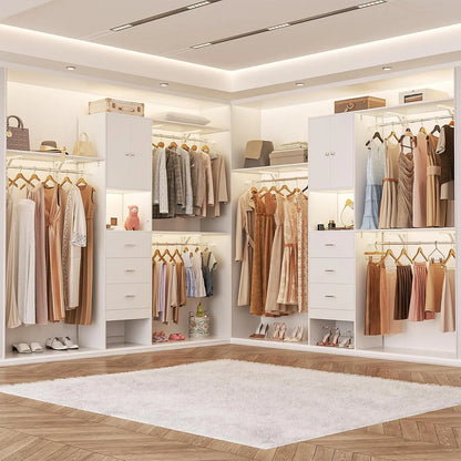 96 Inches Walk In Closet System with Doors & 3 Shelving Towers, Heavy Duty Clothes Garment Rack with 3 Wood Drawers