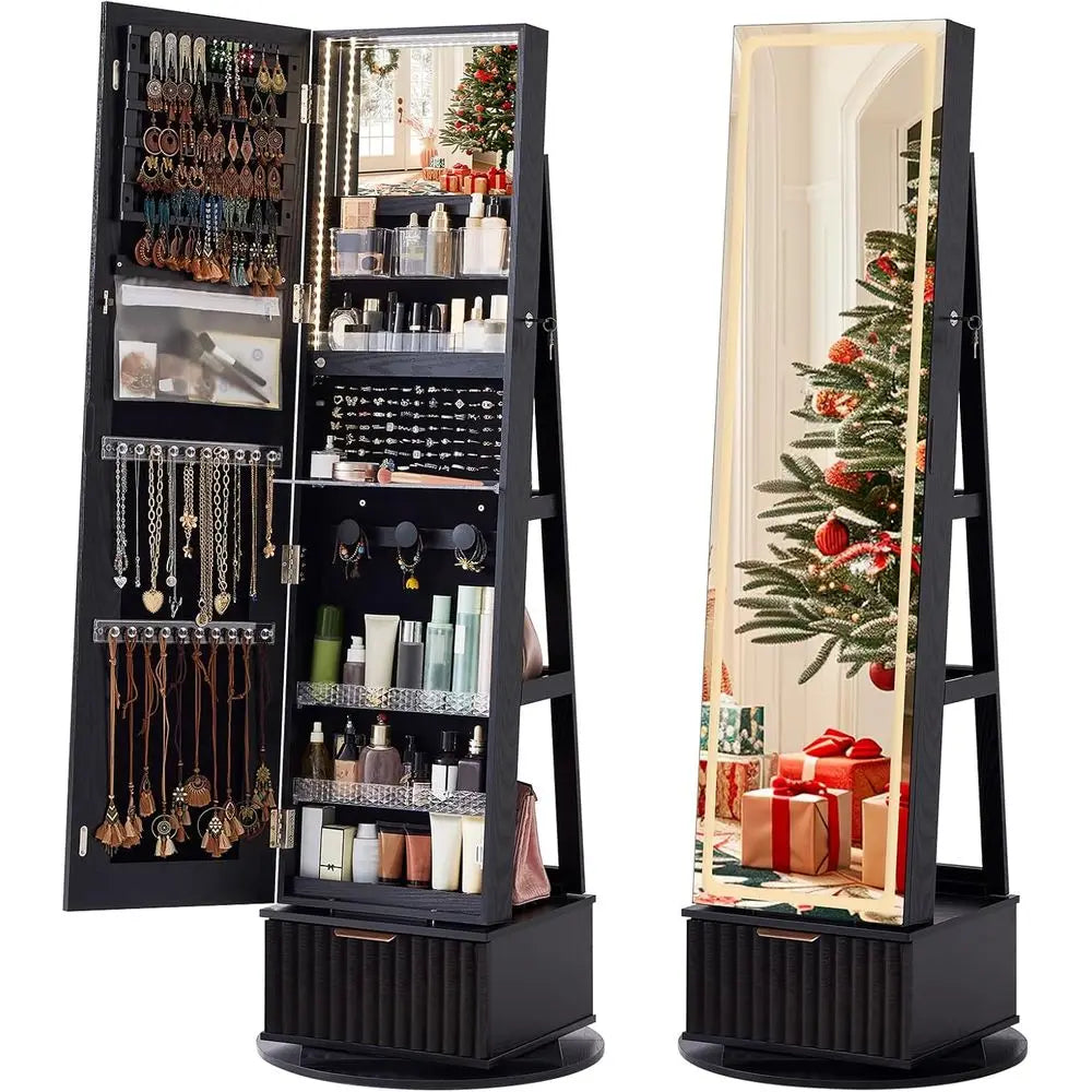 360° Swiveling Lockable Jewelry Cabinet with Mirror, LED Lights, and Storage Drawers