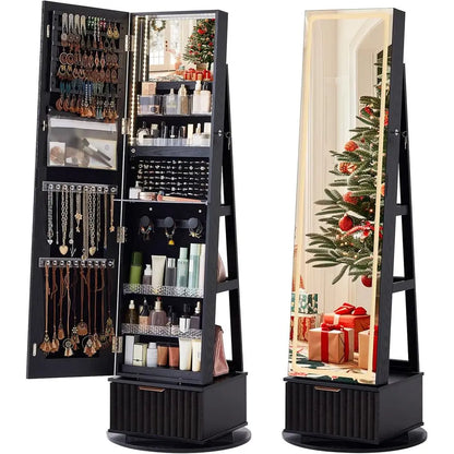 360° Swiveling Lockable Jewelry Cabinet with Mirror, LED Lights, and Storage Drawers