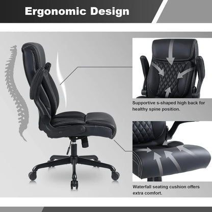 , Ergonomic PU Leather Computer Desk Chair with Lumbar Support, Flip-up Armrests and Adjustable Height